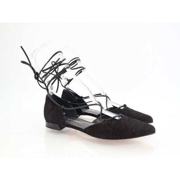 Stuart Weitzman Gilligan Ballet Flats Lace Up Pointed Toe Black Size 6 M Leather - Picture 1 of 12